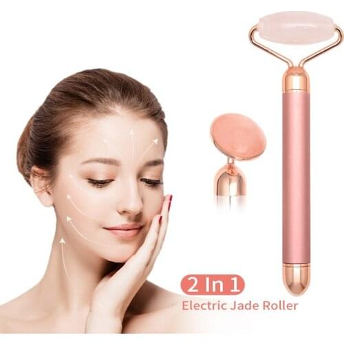 3 In 1 Electric Jade Roller Slimming Face Massage Lifting Vibrating Natural Rose Quartz Jade Roller Stone Facial Anti Wrinkle