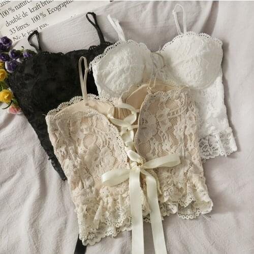 2021 New Wooden Ear Stitching Short Lace Small Camisole Womens Summer Drawstring Lace Sexy Slim Tube Top Camisole