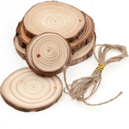 3-9cm Natural Unfinished Predrilled Wood Slices DIY Craft Round Log Discs With Jute Twine Home Decoration Gift Tags