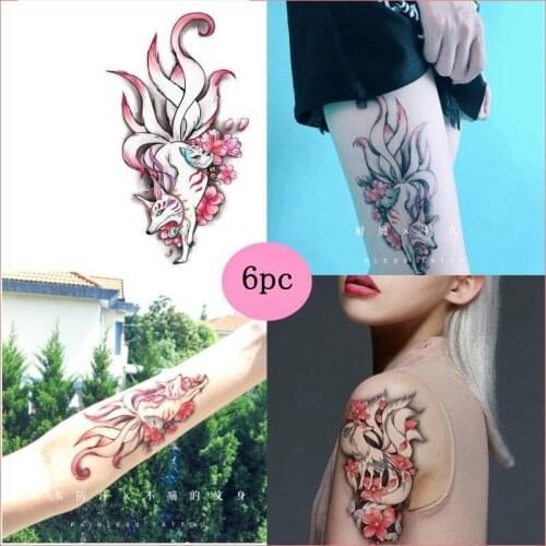 6pc/Lot Fox Tattoo Stickers Waterproof Durable Nine Tailed Fox Male Female Fake Temporary Tattoos Art Flower Arm Tattoo Stickers