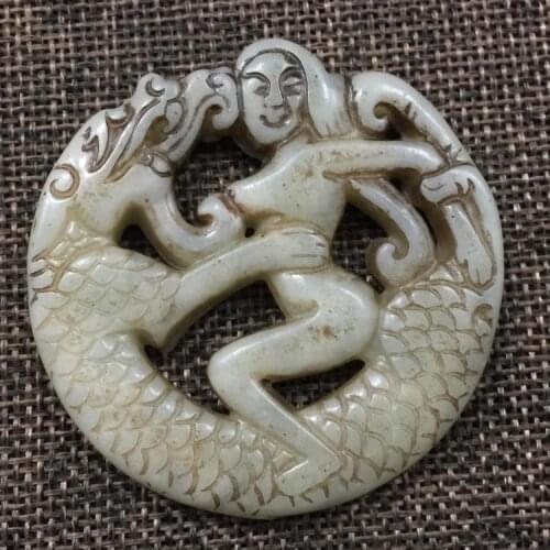 Antique jade spring drawing Figure Pendant hand pieces of ancient jade beauty beast culture education Pendant