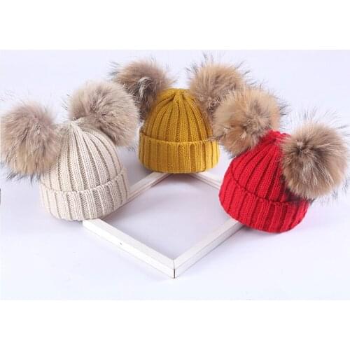 Kids Winter Warm Knit Hat With Real Fur Pompom Boys Girls Cute Lovely Caps Baby Soft Beanie Hats