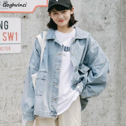 Denim Jackets Women Solid Pocket Loose Turn-down Collar Casual Simple All-match Coats Womens Korean Style Streetwear Retro Chic