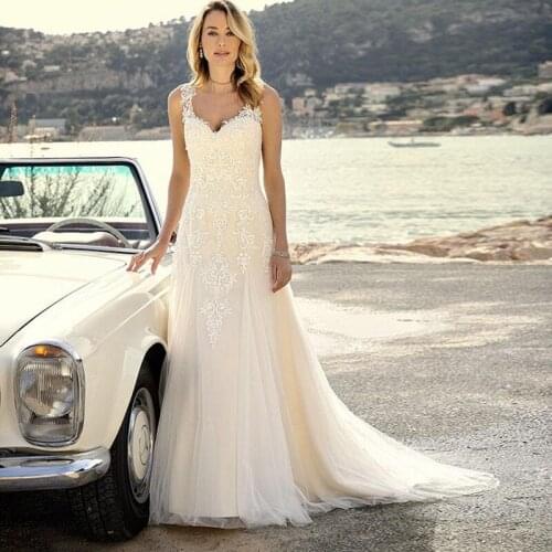 Elegant V Neck Sheath Wedding Dress 2021 Appliques Tulle Illusion Back Summer Bohemian Beach Boho Bridal Gowns свадебное платье