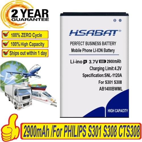 HSABAT 100% New 2900mAh AB1400BWML Battery for PHILIPS S301 S308 CTS308 free shipping