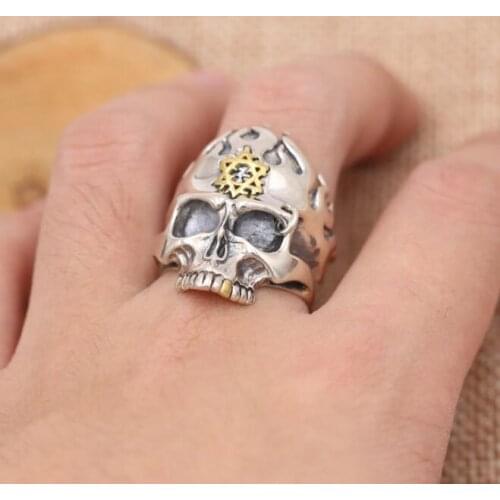 Real 925 Silver Fire Star Skull Ring Solid Sterling Silver Skeleton Ring Punk Jewelry Man Ring