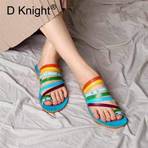 Summer Flats Slippers Shoes Women Bohemian Clip Toe Slides Cow Leather Color Stripe Contrast Comfort Lady Thong Sandals Slippers