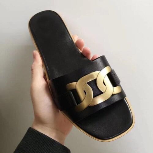 Summer Woman Slippers Flat Slides Women Black Beach Shoes Sandalias Verano Mujer Pantuflas Metal Decor Femme Pantoufles