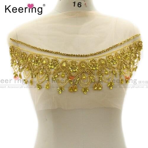 Fashion 3D Gold rhinestone Beads Applique neckline for DIY dress WDP-278