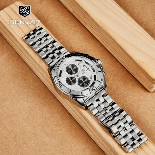 2021 Benyar New Casual Fashion Mens Quartz Watch Stainless Steel Waterproof Calendar Night Light Sports Watch Relogio Masculino