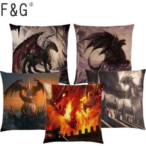 Dragon Destroy Mighty Warrior War Fire Sky Castle Ruins Magic Sword Knight Printed Cushion Cover Flax Cotton Sofa Pillowcase