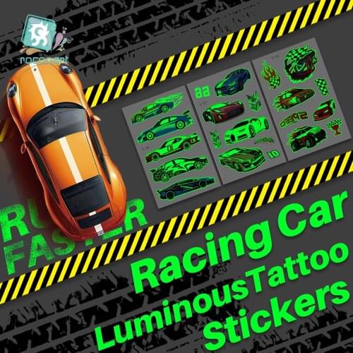 New waterproof glowing in the dark tattoo with racing car cartoon childrens removable tattoo temporary kids boys