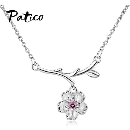 Cherry Blossom Branch Pendant Necklaces For Women 925 Sterling Silver CZ Cubic Zircon Engagement Choker Joyas Jewelry Pink