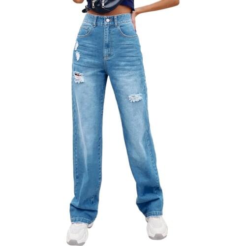 High Waist Boyfriend Jeans for Women Ripped Straight Denim Pants Female Plus Size Jeans Light Blue