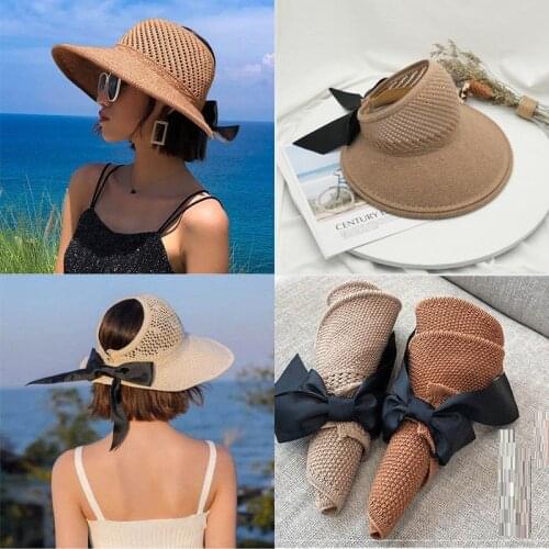 Summer Female Sun Hats Big Brim Bowknot Foldable Straw Hat Fashion Casual Outdoor Beach Cap For Women UV Protected Hat Female