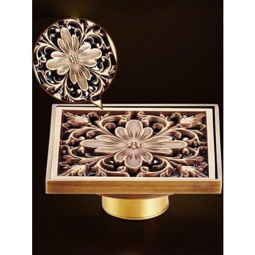 10cm Euro Style Antique Brass Flower Art Carved Euro Floor Drains Square Floor Drain Strainer for Bathroom kitchen balcony