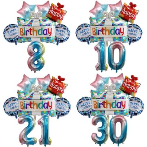 1 Set Large Birthday Gift Box Foil Balloon Blue Number Happy Birthday Round Childrens Birthday Party Decoration