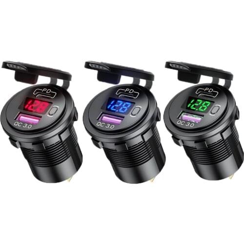 QC 3.0+PDHigh Quality Universal Dual USB Fast Car Charger Socket Outlet for Boat Truck W/LED Digital Voltmeter for Car Truck