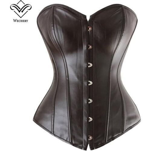 Wechery Leather Bustier Womens Top Black Slimming Overbust Corset Tummy Shaper Tops Plus Size 6XL Party Paly Shows Costume