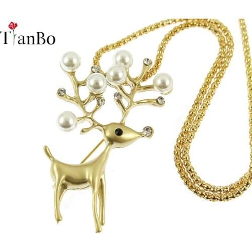 TianBo 2018 New Womens Gold Jewelry pearl Deer Pendant 29" Long Necklace Sweater Necklace chain Christmas Gift For Girls