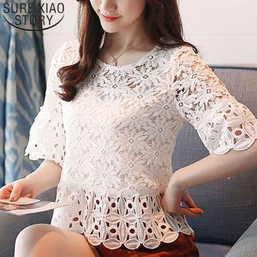Korean fashion clothing 2021 harajuku women blouse tops ladies tops women shirts Lace Half Solid O-Neck Flare Sleeve 3110 50