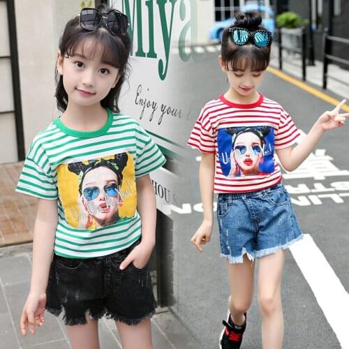6-10T Girls New Summer T-Shirt Striped Children Cotton Tees Short Sleeve Tops Fashion Wear