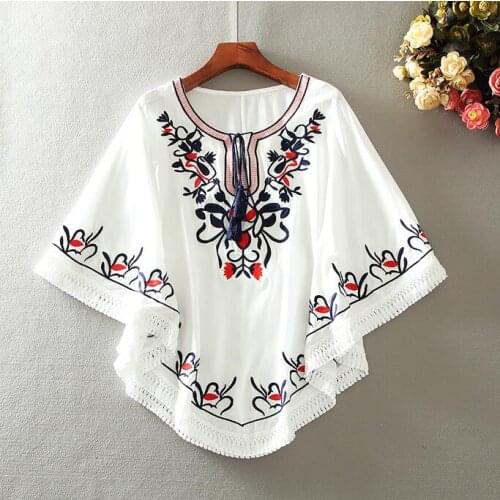 Womens spring summer butterfly sleeve vintage embroidery cotton shirt female casual loose chic shirt blouse tb104