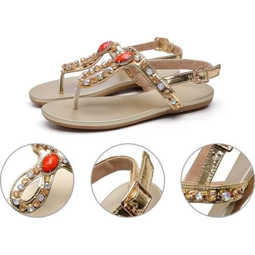 Womens Summer Ladies Flat Bohemian Sandals Bottom Toe Beach Shoes With Rhinestone