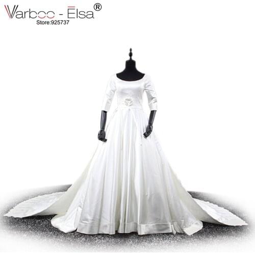 VARBOO_ELS Arabic Muslim White Satin Bridal Dress 2018 Custom Made Half Sleeve O neck Royal Train Wedding Dress vestido de noiva
