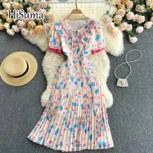 2021 summer new women o-neck lace-up ruffles stars print chiffon A-line dress female Chic sweet elegant waist pleating dresses