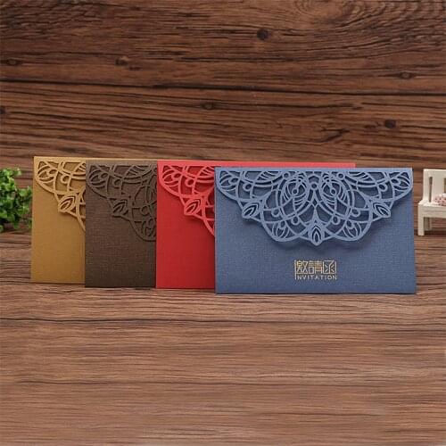 10pcs Blue Color Elegant Flower Laser Cut Wedding Cards Glitter Shining Invitation Pocket for Wedding with Envelope