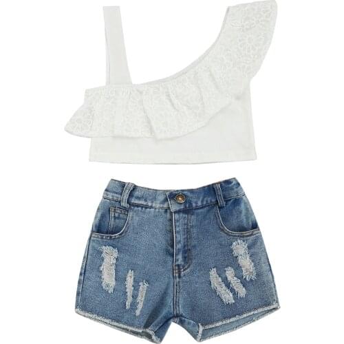 2021 1-6Y Fashion Girls Solid Color Clothes Set Flower Lace Sleeveless Off-shoulder Cropped Tops+Irregular Ripped Denim Shorts