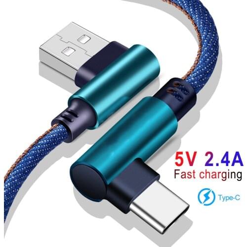 90 Degree Type-C USB C Cable USB type 2.4A Fast Charging charger For Samsung S10 S9 S8 Huawei Mate 30 Mobile Phone Cables 1m 2m