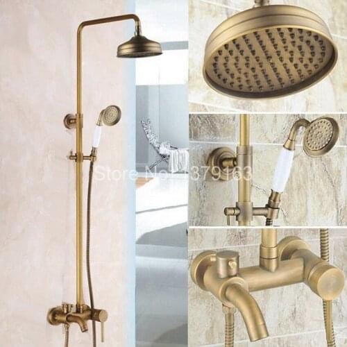 Antique Brass Wall Mounted Bathroom Rain & Hand Shower & Tub Faucet Set Single Lever Mixer Tap ars183