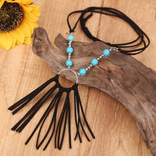 Bohemian Long Velvet Tassel Necklace with Natural Stone Beaded Metal Circle Suede Leather Chain Statement Necklace Gifts