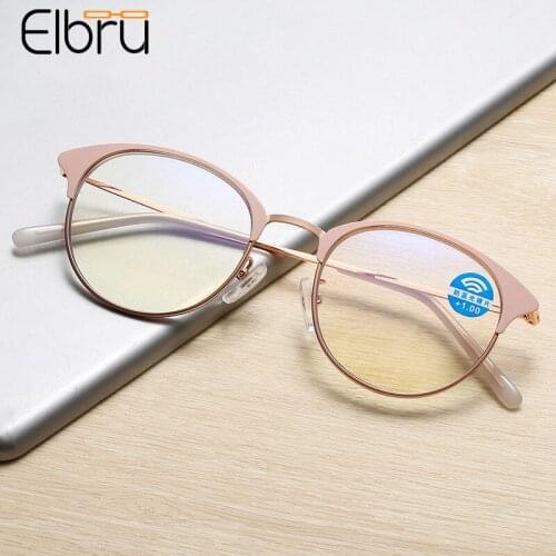 Elbru Vintage Anti Blue Light Reading Glasses Women Men Ultralight Metal Frame Clear Lens Presbyopic Eyeglasses Diopters 1.0 4.0