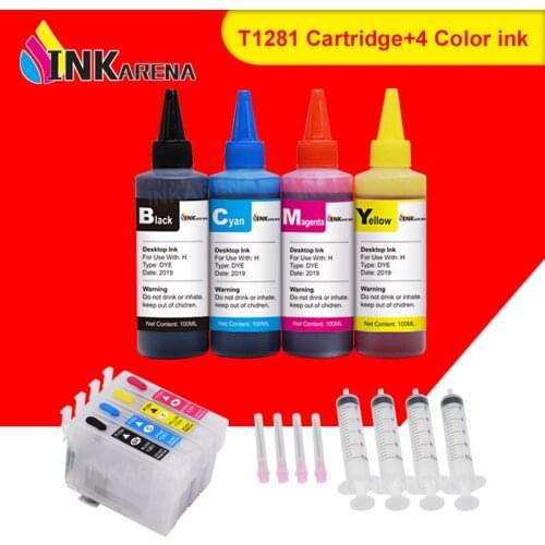 INKARENA 4 Color Bottle Ink + T1281 Refillable Ink Cartridge For Epson Stylus SX435W SX438W SX440W SX445W Office BX305F BX305FW
