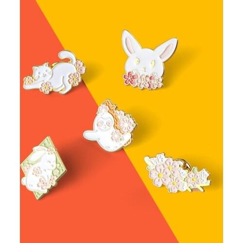 Custom Rabbit Cat Sloth With Flowers Cute Enamel Pins Animals Brooches Lapel Pin Badge Bag Cartoon Jewelry Gift For Kids Friends