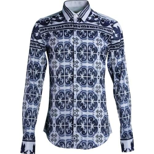 Chinese Style Luxury Men Shirt Simple Fashion Classic Minium Blue Printed Mens Dress Shirts Camisa Masculina Social Shirt