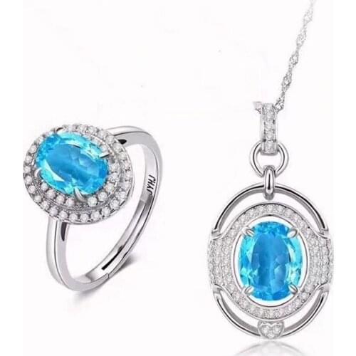Natural blue topaz gem Ring Pendant Natural Gemstone Jewelry Set 925 Silver Fashion Elegant round Women party Necklace gift Ring