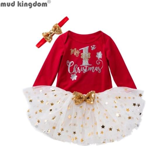 Mudkingdom Christmas Newborn Baby Girls Clothes Sets Cartoon Print Tops Lace Tutu Skirt Headband Outfits
