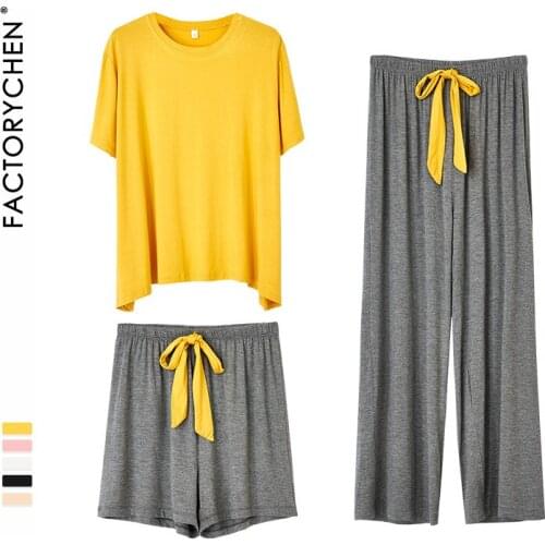 Contrast color Internet celebrity modeier pajamas summer casual lazy three-piece womens loose slimming home wear