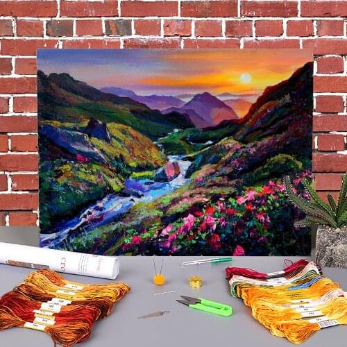 Landscape Stream Printed 11CT Cross Stitch DIY Embroidery Kit DMC Threads Hobby Knitting Handmade Handiwork Home Decor Magic