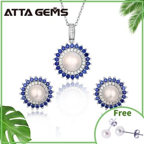 Natural Pearl Silver S925 Jewelry Set Fresh Water Pearl Top Quality Created Blue Sapphire Classic Romantic Style for Women