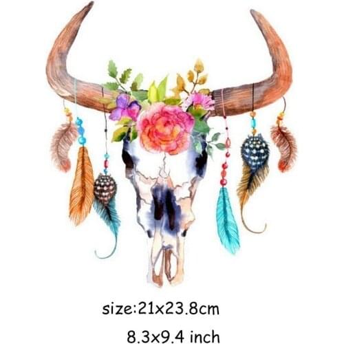 Retro Feather Iron on Patches Flower Bull Head Skull Jeans Sticker Patch Logo for Clothes Heat Transfer Diy Funny Appliques