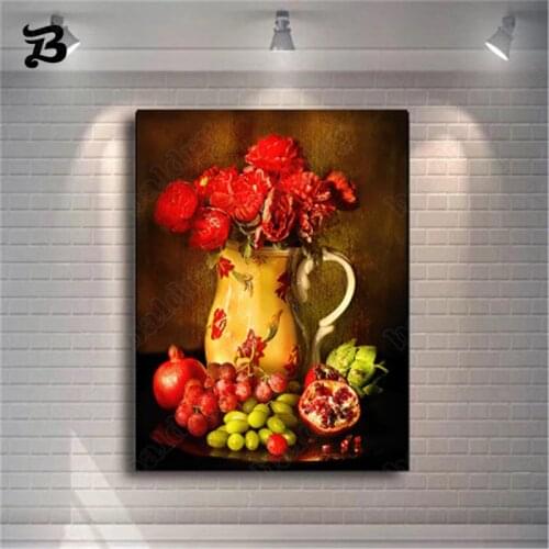 Canvas Painting Wall Art European Style Vintage Red Flower and Fruit Decorative Canvas Poster and Print Dining Room Home Decor