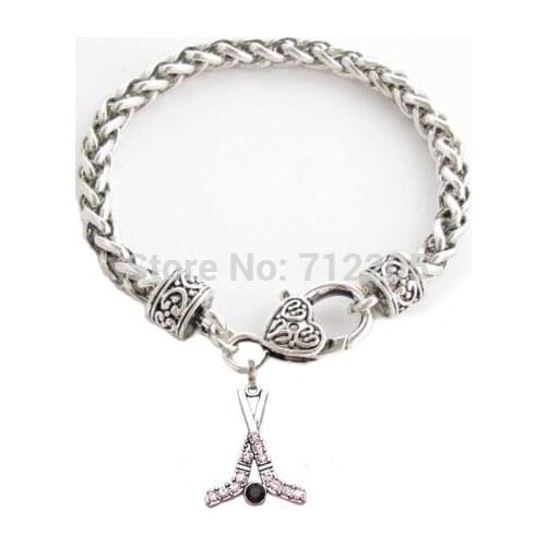 New Arrival 50pcs a lot zinc studded with sparkling Hockey Sticks and Puck Crystal Pendant Lobster Claw Bracelet