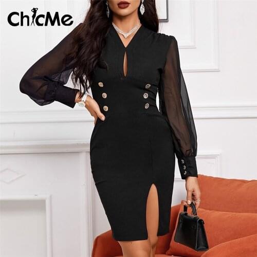 Chicme 2021 Autumn Sheer Mesh Puffed Sleeve Cutout Button Design Slit Dress Long Sleeve V-Neck Slim Elegant Workwear