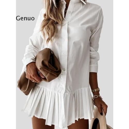 Autumn Long Sleeve White Pleated Shirt Dress Women Casual Turn Down Collar Mini Dress Button Lady a Line Office Vestidos