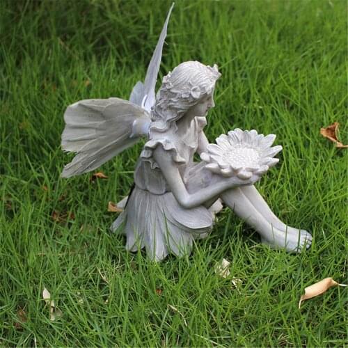 Sunflower Fairy Statue Resin Bird Feeder Ornaments Angel Sculpture Figure Bird Feeding Garden Yard Art Solar Light Decoration